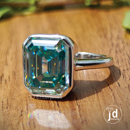 7.00 CT Emerald Cut Cyan Blue Moissanite Solitaire Engagement Ring, Bezel Set Wedding Ring, Anniversary Gifts, Bridal Ring, Ring for Women