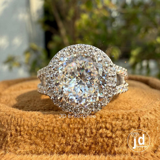 Portuguese Cut Moissanite Engagement Ring, 2.5 CT Colorless Moissanite Halo Wedding Ring, Pave Split Shank Ring for Women, Anniversary Gifts