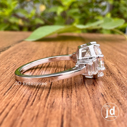 Vintage Style Five Stone Engagement Ring, 3CT Portuguese Cut Moissanite Ring, Side Stone Baguette Wedding Ring, Eight Prong Anniversary Ring