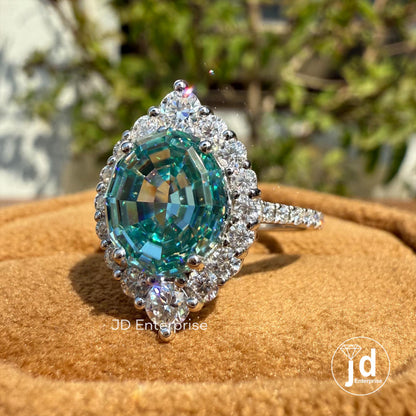 3.00 CT Blue Oval Step Cut Moissanite Engagement Ring, Cluster Halo Wedding Ring, Pave Set Bridal Ring, Anniversary Gifts Ring, Promise Ring