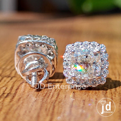 Cushion Cut Moissanite Earrings for Women, Screw Back Earrings, Anniversary Gifts, Halo Moissanite Bridal Earrings, Wedding Earrings