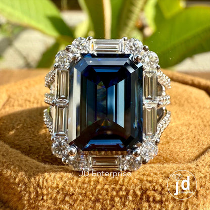 Large 6.70 CT Emerald Cut Royal Blue Moissanite Engagement Ring, Pave Split Shank Wedding Ring, Baguette & Round Halo Ring, Anniversary Gift