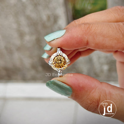 5.05 CT Portuguese Champagne Moissanite Engagement Ring, Milgrain Wedding Ring, Fish Tail Prongs, Round Accent Bridal Ring, Anniversary Ring