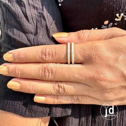 Two Row Pave Wedding Band Set, Moissanite Half Eternity Band, Two Matching Band for Trio Ring Set, Anniversary Gift Band for Engagement Ring