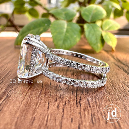 Large 7.25 CT Elongated Cushion Cut Moissanite Ring, Hidden Halo Engagement Ring, Dual Shank Wedding Ring, Pave Set Celebrity Style Ring