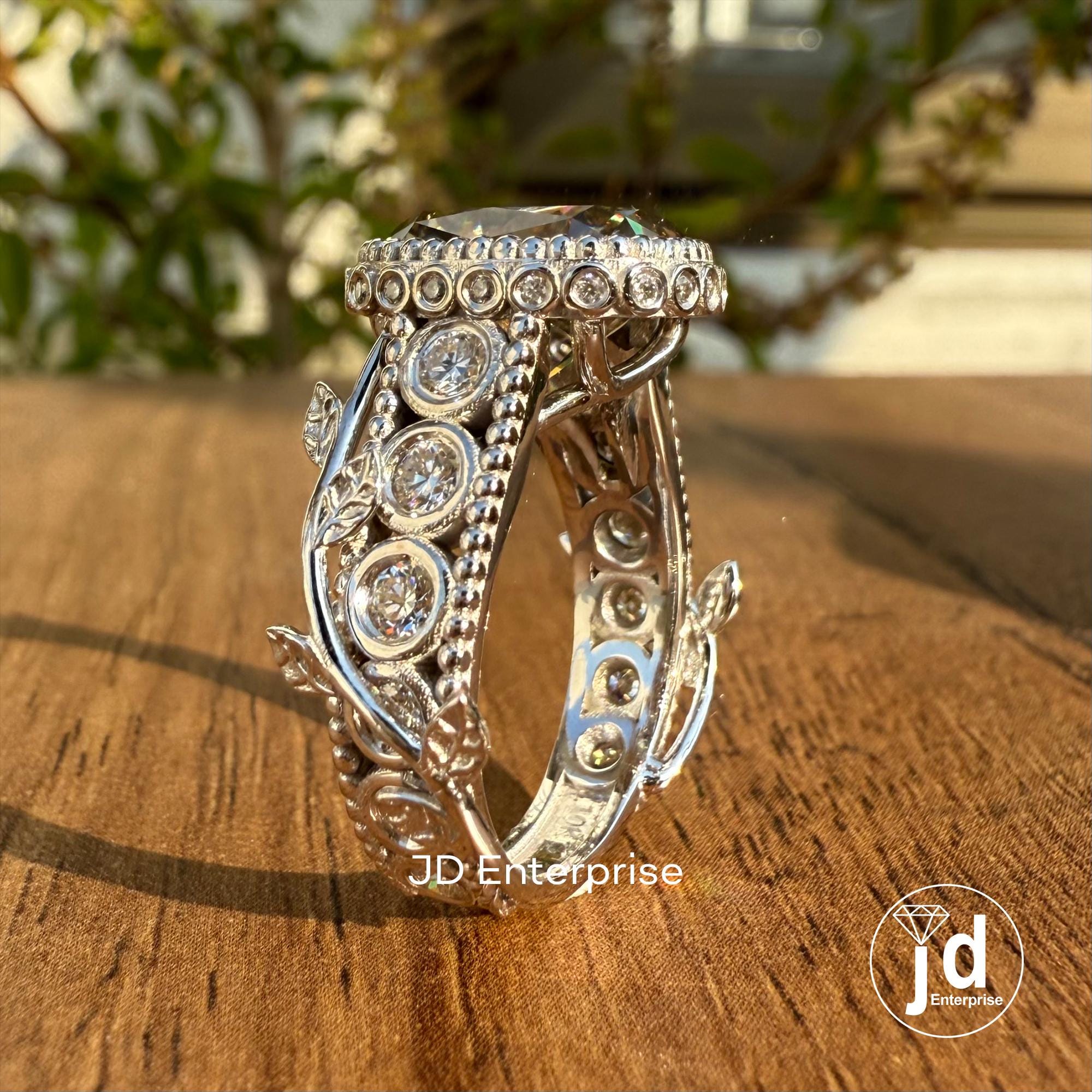 Vintage 5.24 TCW Light Grey Old Mine Cushion Cut Engagement Ring, Bezel Set Branch & Leaf Moissanite Wedding Ring, Milgrain Hidden Halo Ring