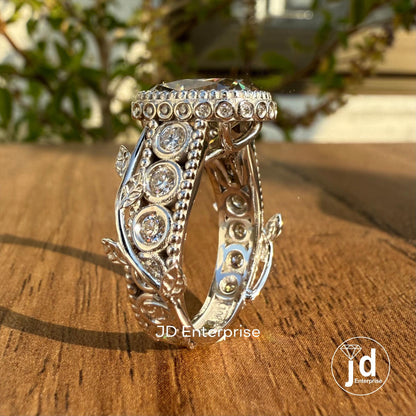 Vintage 5.24 TCW Light Grey Old Mine Cushion Cut Engagement Ring, Bezel Set Branch & Leaf Moissanite Wedding Ring, Milgrain Hidden Halo Ring