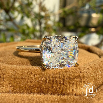 Solitaire Engagement Ring, 4.00 CT Cushion Cut Moissanite East to West Set Hidden Halo Wedding Ring, Anniversary Gifts, 10k Yellow Gold Ring