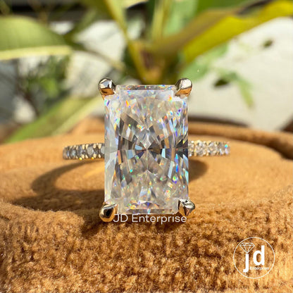 Elongated Radiant Cut Moissanite Hidden Halo Engagement Ring, Pave Wedding Ring for Her, Anniversary Gifts for Women, Accent Bridal Ring