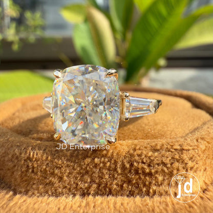 Cushion Cut Moissanite Engagement Ring, Three Stone Wedding Ring, Tapered Baguette Cocktail Ring, 3 Stone Trilogy Ring, Anniversary Gifts