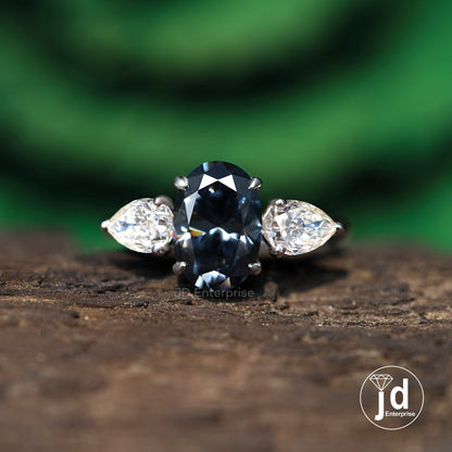 1.70 CT Dark Grey Oval Cut Moissanite Engagement Ring, Three Stone Wedding Ring, Crystal & Clear Pear Stone, Anniversary Gifts, Bridal Ring