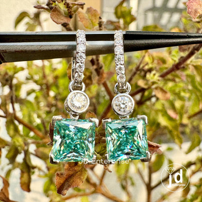 4.57 TCW Princess Cut Bluegreen Moissanite Earrings, Dangle Drop Wedding Earrings, Bridal Earrings, Engagement Earrings, Anniversary Gift