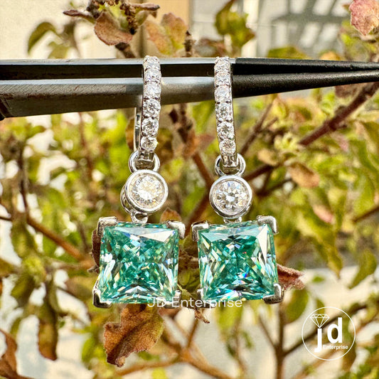 4.57 TCW Princess Cut Bluegreen Moissanite Earrings, Dangle Drop Wedding Earrings, Bridal Earrings, Engagement Earrings, Anniversary Gift