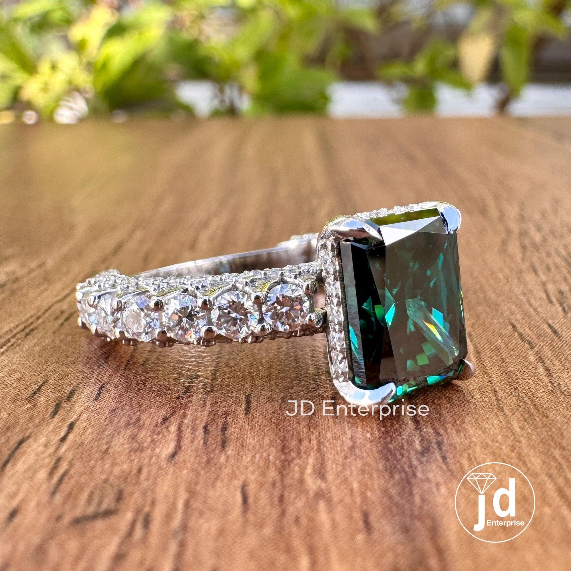 Fancy Dark Green Radiant Cut Moissanite Engagement Ring, Hidden Halo Wedding Ring, Three Side Pave Ring, Anniversary Ring for Women