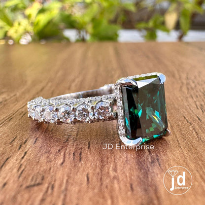 Fancy Dark Green Radiant Cut Moissanite Engagement Ring, Hidden Halo Wedding Ring, Three Side Pave Ring, Anniversary Ring for Women