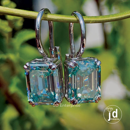 4.72 TCW Cyan Blue Emerald Cut Moissanite Engagement Earrings, Moissanite Wedding Earrings, Dangle Drop Bridal Earrings, Proposal Earrings