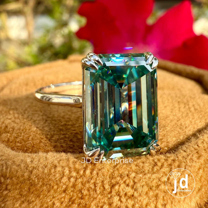Emerald Moissanite Ring, Solitaire Moissanite Wedding Ring, Greenish Blue Moissanite Engagement Ring, Double Claw Prongs, Anniversary Ring