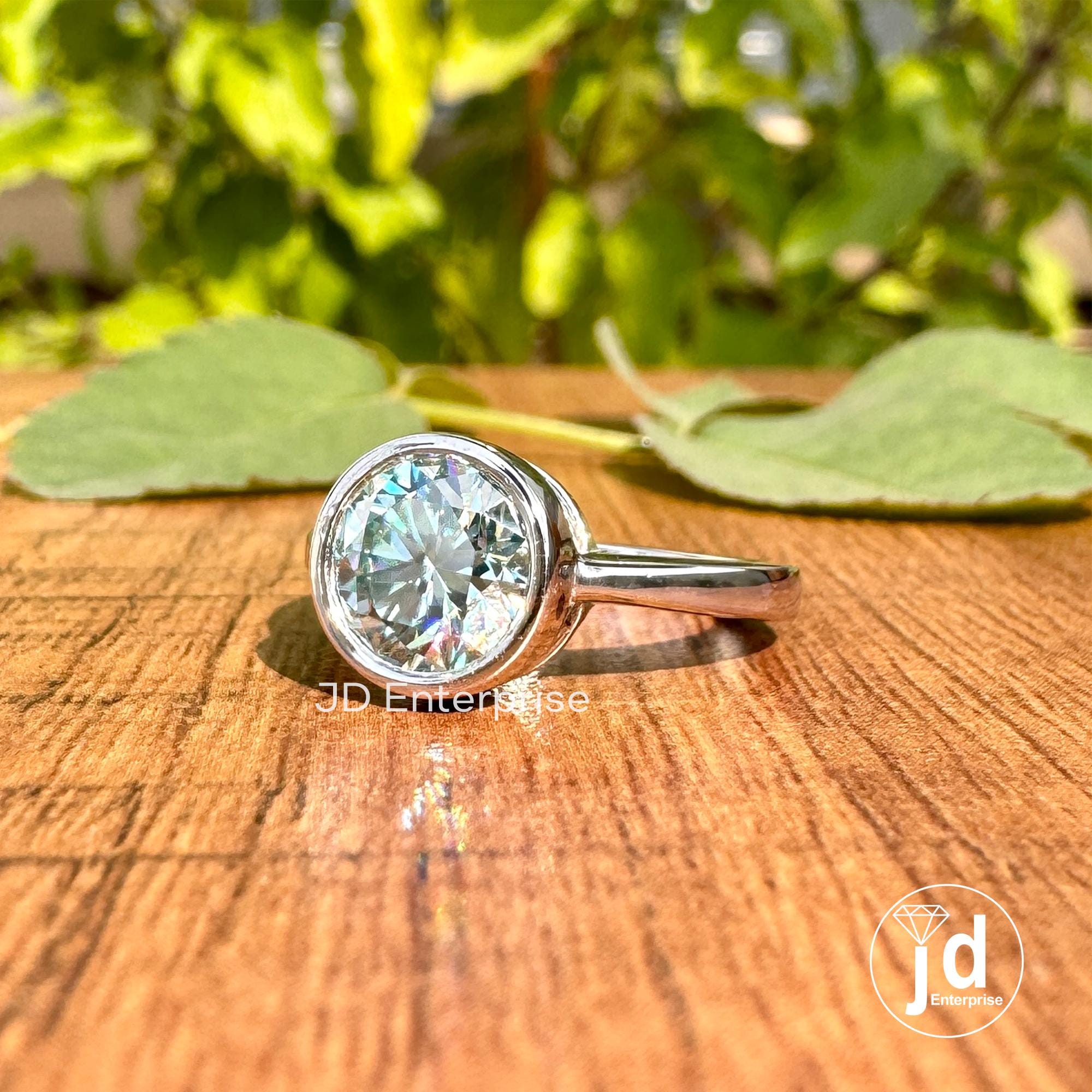 1.30CT Round Cut Aqua Blue Moissanite Engagement Ring, Bezel Set Wedding Ring, Comfort Fit Anniversary Gift Ring, Solitaire Moissanite Ring