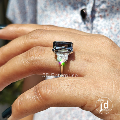 Three Stone Engagement Ring, Large 5.50 CT Criss Cut Grey Moissanite Wedding Ring, Cadillac Cut Cocktail Ring, Trilogy Ring, Bridal Ring