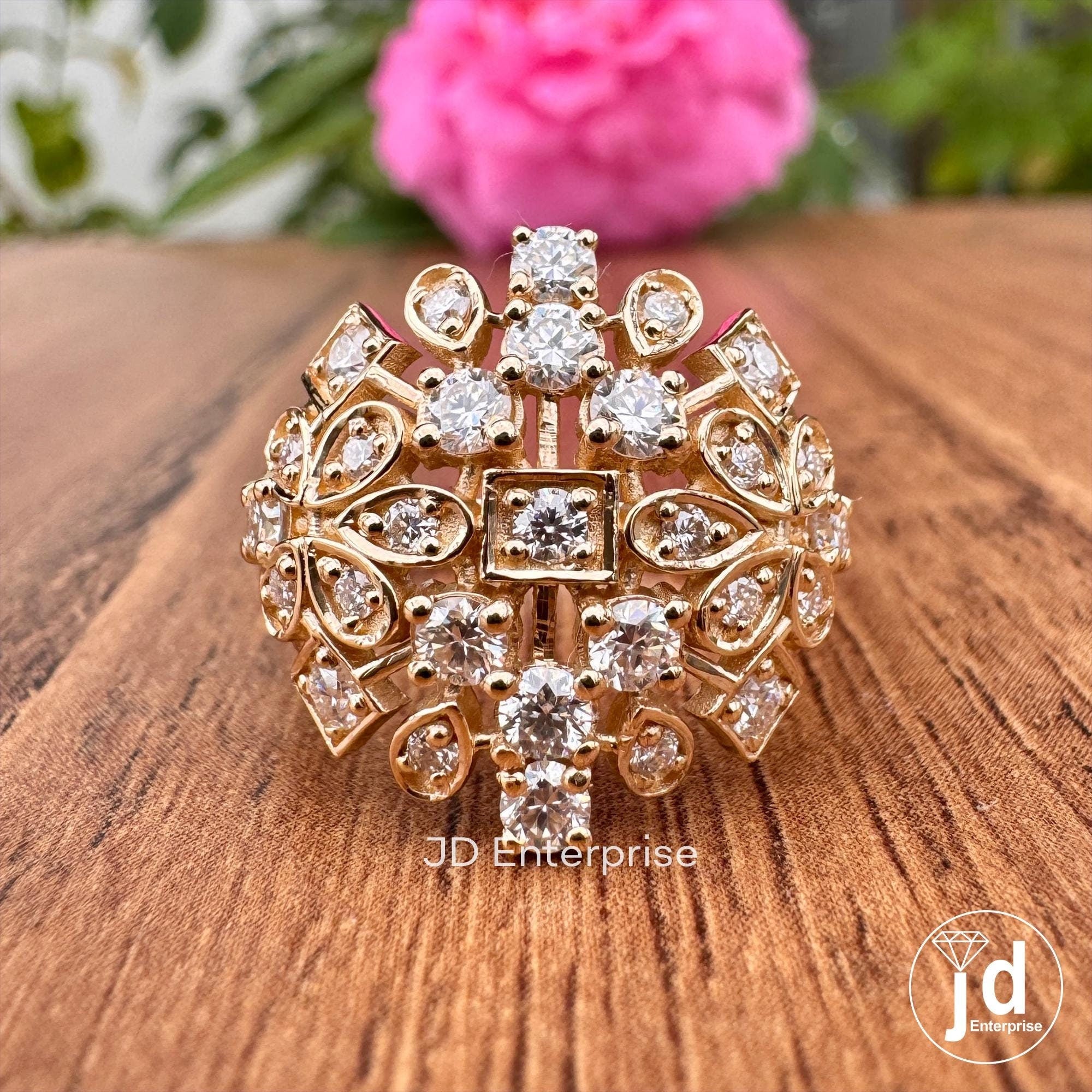 Cocktail Rhombus Bridal Ring, Cluster Set Moissanite Ring, Floral Style Round Cut Moissanite Engagement Ring, 18k Yellow Gold Wedding Ring