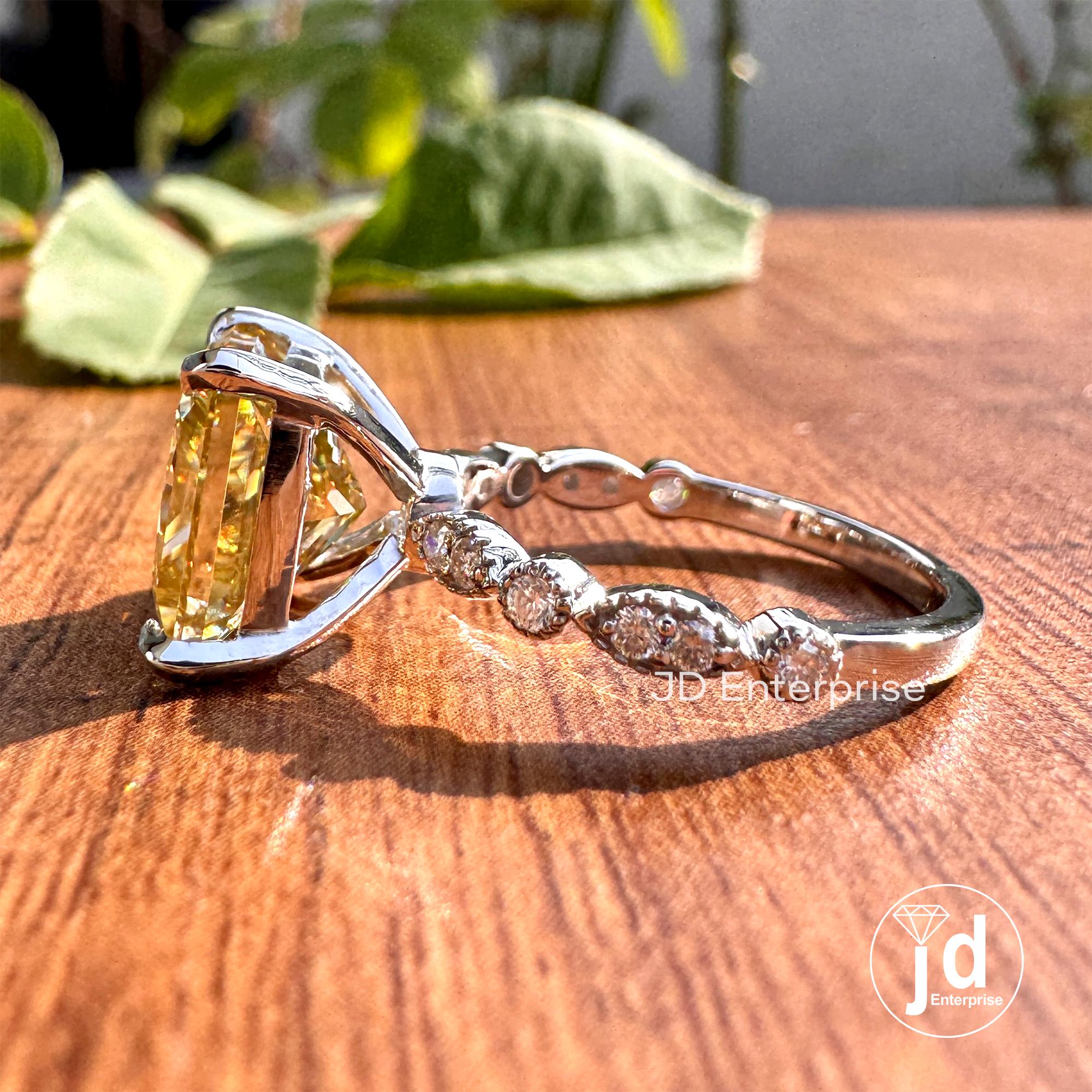 4.50 CT Princess Cut Canary Yellow Moissanite Engagement Ring, Accent Set Wedding Ring, Milgrain Ring, Anniversary Gifts Ring, Proposal Ring