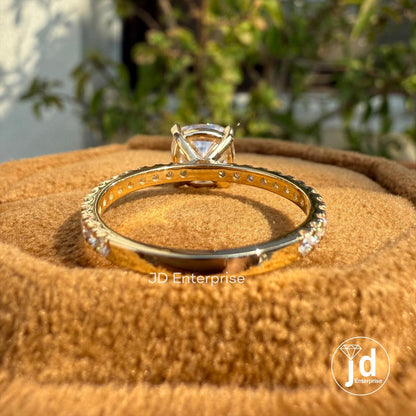 Cushion Moissanite Engagement Ring with Pave Cathedral Shank Setting, Wedding Ring for Her, Anniversary Gifts, Handmade Yellow Gold Ring