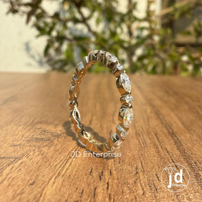 Alternating Moissanite Band, 0.77 TCW Marquise and Round Cut Colorless Moissanite Wedding Band, Full Eternity Band, Stackable Band, Bridal