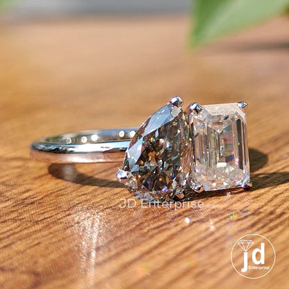 Colorless & Light Grey Moissanite Toi Et Moi Ring, Emerald and Pear Cut Two Stone Ring, White Gold Wedding Ring, Anniversary Gift, Bridal