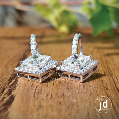 2.60 TW Princess Cut Moissanite Dangle and Drop Earrings, Halo Wedding Earrings, Lever Back Earrings for Women, Bridal Set, Anniversary Gift