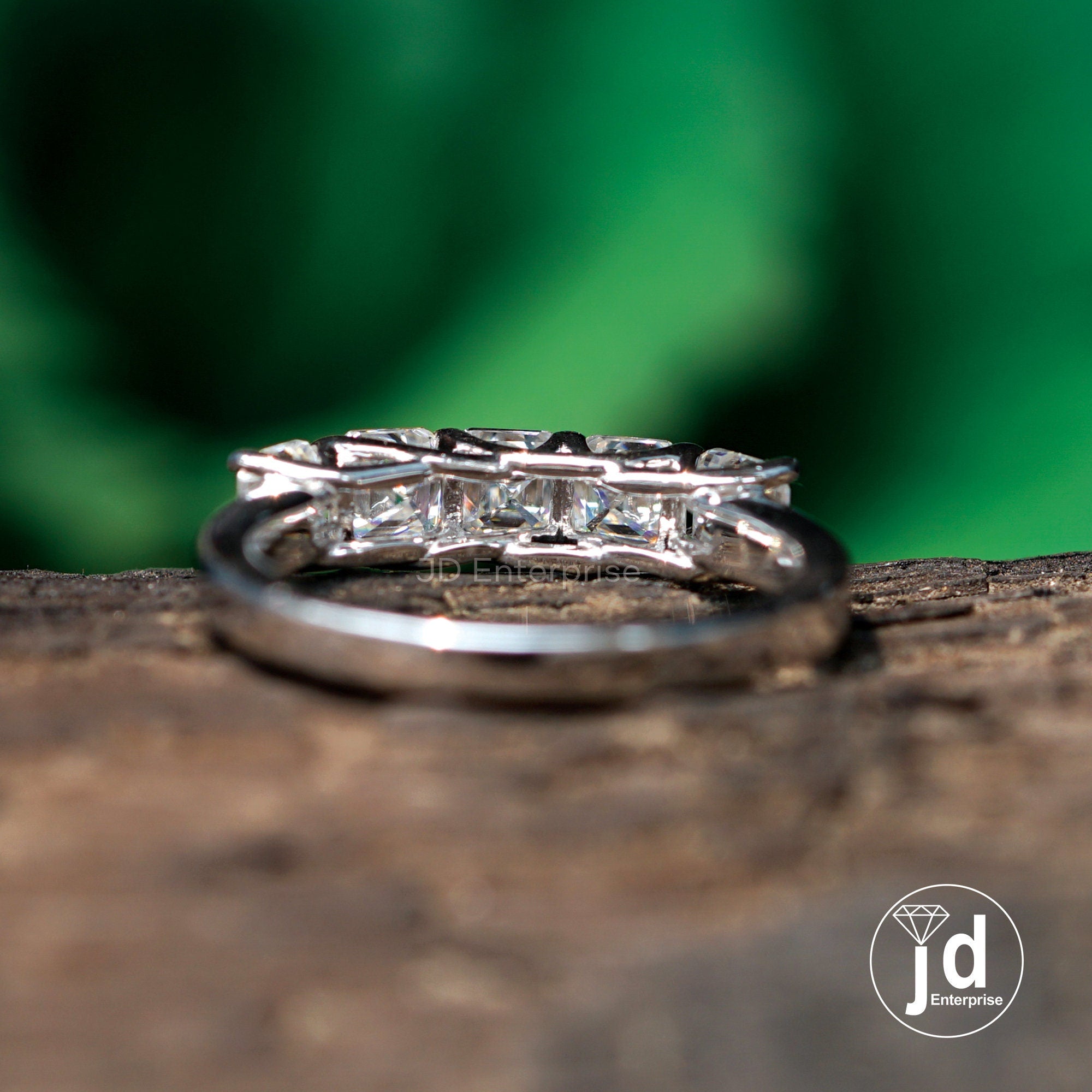 Asscher Cut Moissanite Wedding Band, Five Stone Moissanite Proposal Band, Trellis Setting Shared Prong, Engagement Band, Bridal Band