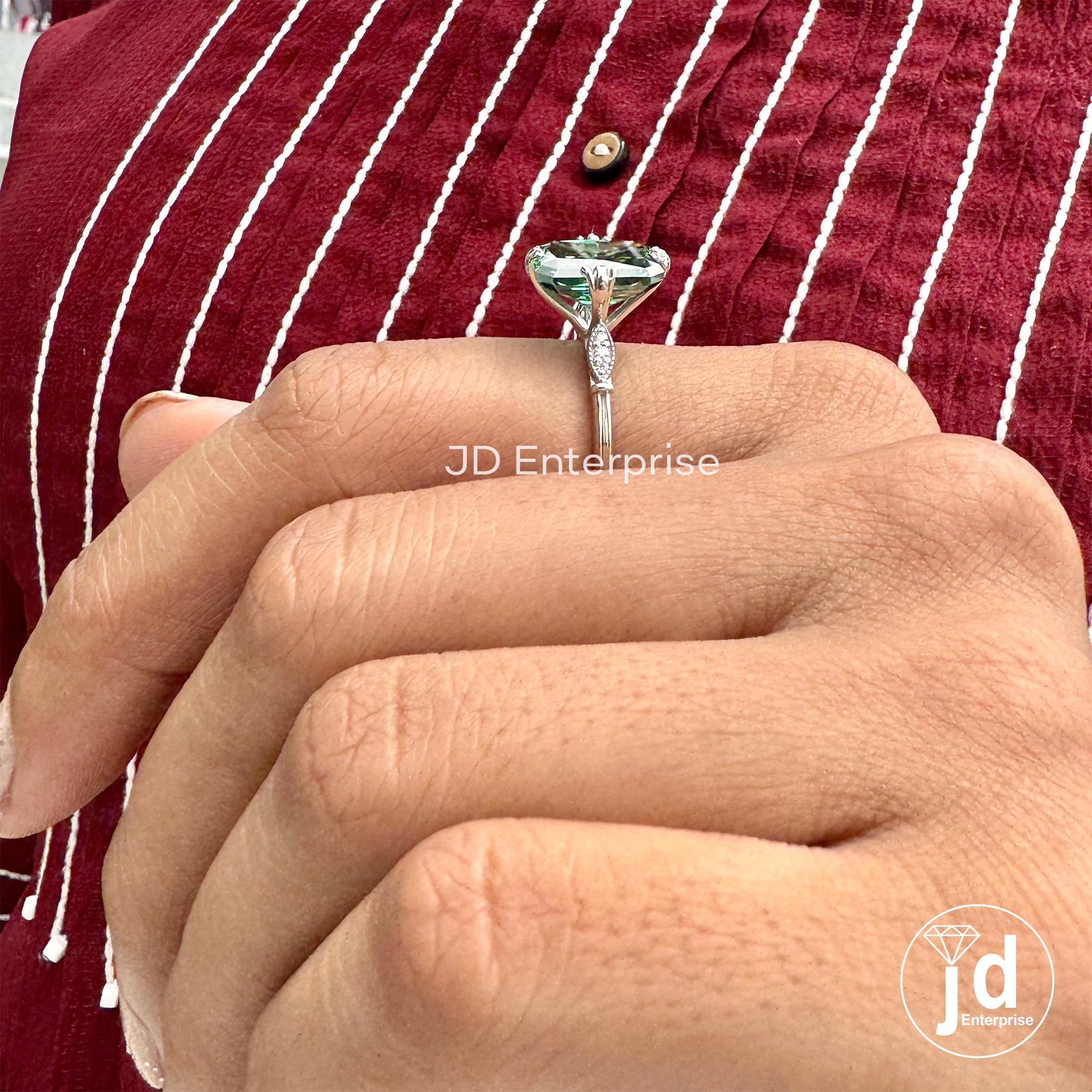 5.01 CT Radiant Cut Green Moissanite Engagement Ring, Vintage Style Wedding Ring, Fish Tail Prong, White/Yellow/Rose Gold Anniversary Ring