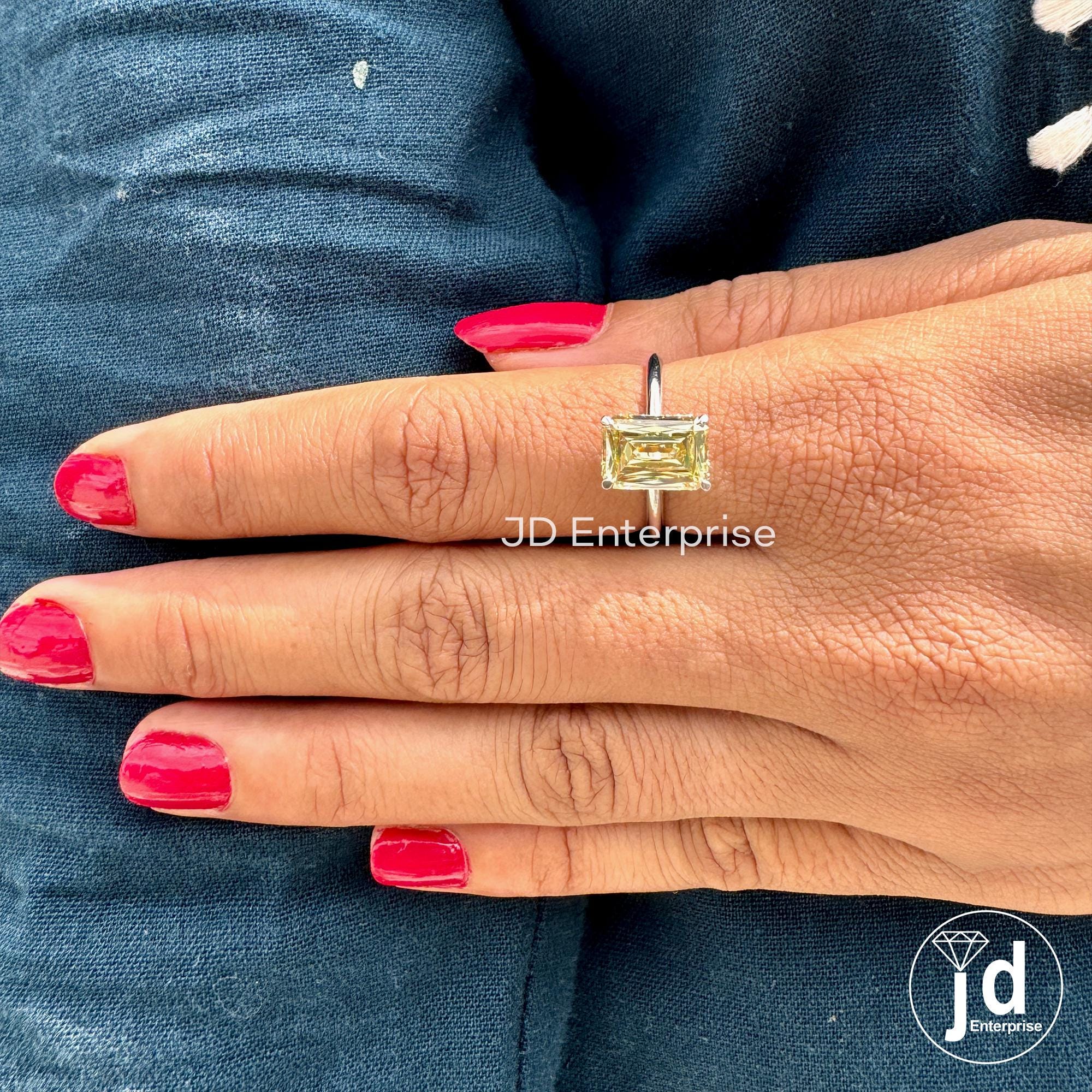 Hidden Halo Engagement Ring, 3.25 CT Canary Yellow Criss Cut Moissanite Wedding Ring, Cathedral Set Engagement Ring, Anniversary Gift Ring