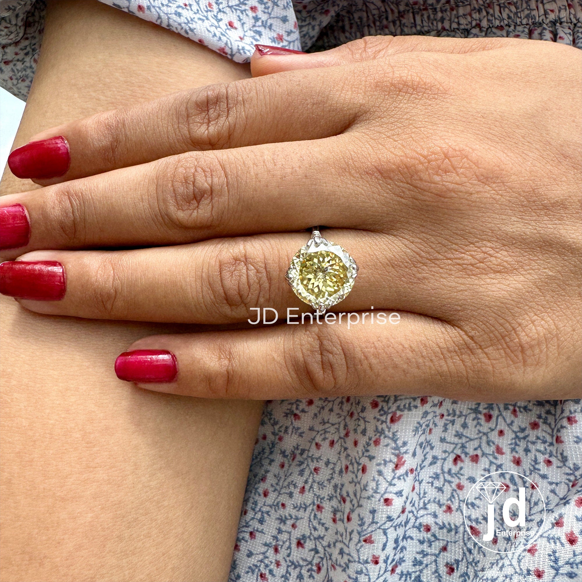 5.10 CT Antique Portuguese Cut Canary Yellow Moissanite Engagement Rin, Handmade Moissanite Wedding Gift Ring, Fish Tail Prong Promise Ring