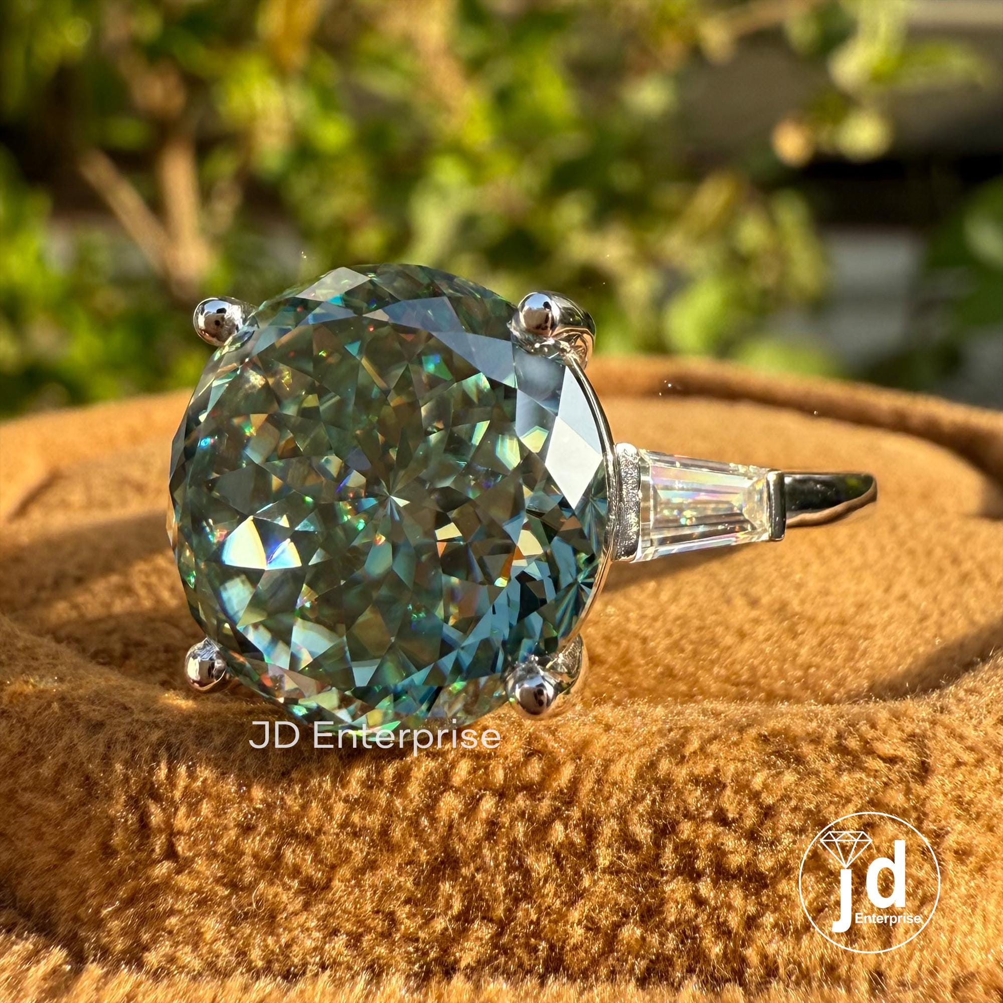 7.50 CT Portuguese Cyan Blue Moissanite Engagement Ring, Three Stone Wedding Ring, Side Tapered Baguette Moissanite, Anniversary Gifts