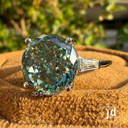 7.50 CT Portuguese Cyan Blue Moissanite Engagement Ring, Three Stone Wedding Ring, Side Tapered Baguette Moissanite, Anniversary Gifts