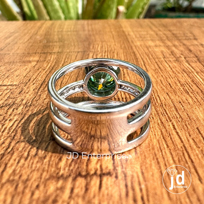 2.00 CT Round Cut Green Moissanite Engagement Ring, Bezel Set Wedding Ring, Three Split Shank Anniversary Ring, White Gold Ring for Women