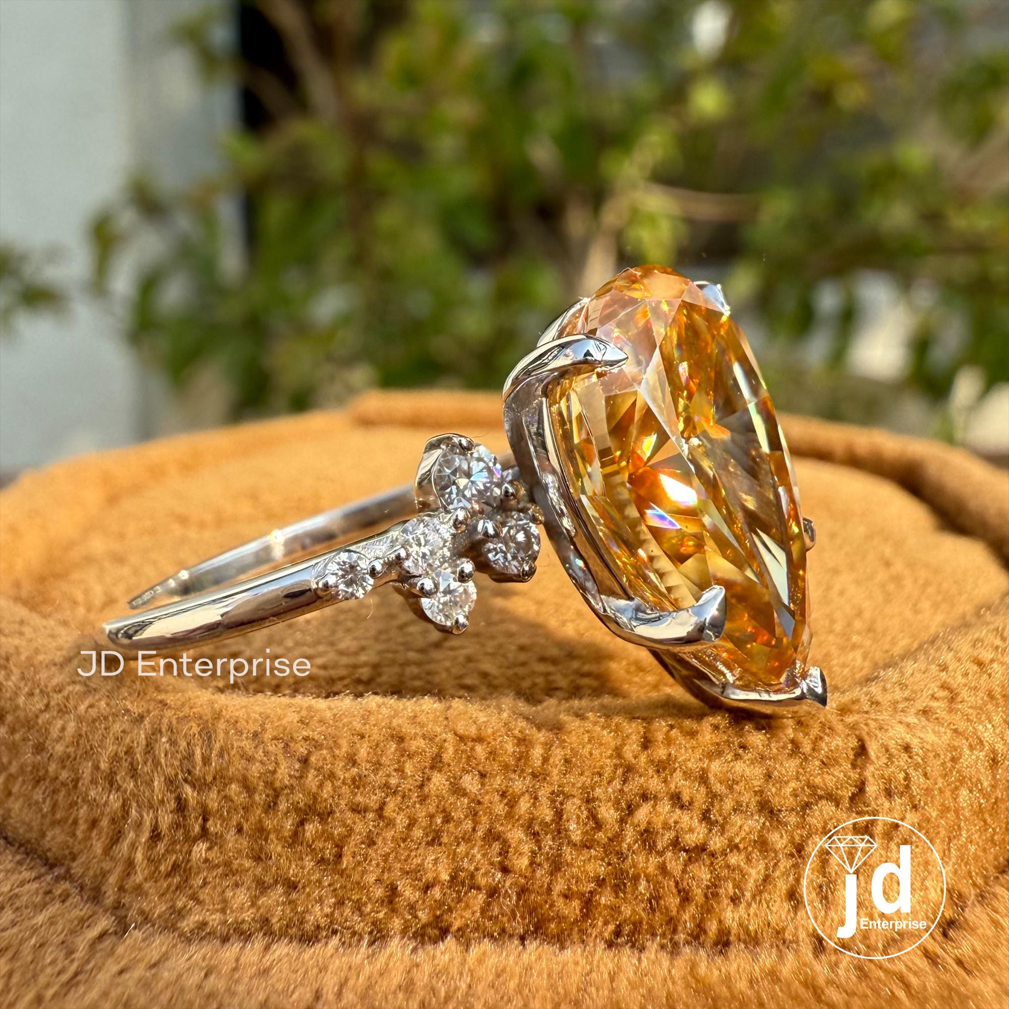 Large Pear Cut Moissanite Ring for Women, 5.00 CT Champagne Moissanite Diamond Engagement Ring, Cluster Wedding Ring, Anniversary Gifts Ring
