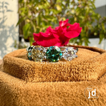 3.50 TCW Malti Color Five Stone Moissanite Wedding Ring, Yellow/Green/Colorless Round Cut Engagement Ring, Cocktail Anniversary Ring, Bridal