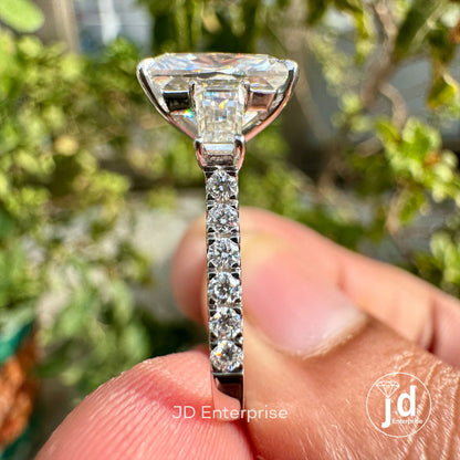 3.20 TW Elongated Cushion Moissanite Ring, Three Stone Engagement Ring, Side Tapered Baguettes Wedding Ring, Pave Set Propose Ring for Women