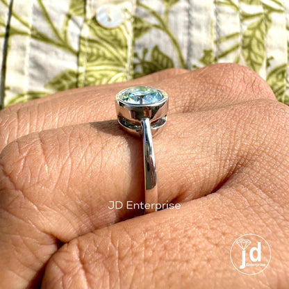 1.30CT Round Cut Aqua Blue Moissanite Engagement Ring, Bezel Set Wedding Ring, Comfort Fit Anniversary Gift Ring, Solitaire Moissanite Ring
