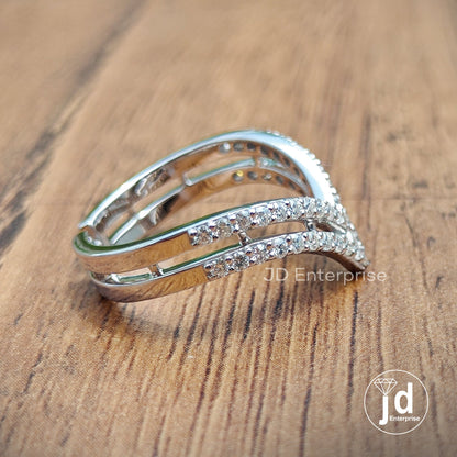 Curved Wedding Band, V Shaped Chevron Band, Double Layer Half Eternity Band, Anniversary Band, Engagement Band, Stacking Band, Matching Band