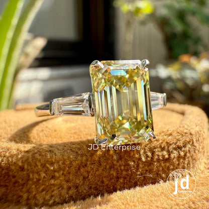 3.00 CT Emerald Cut Canary Yellow Moissanite Engagement Ring, Three Stone Wedding Ring, Side Tapered Baguette, Comfort Fit Anniversary Ring
