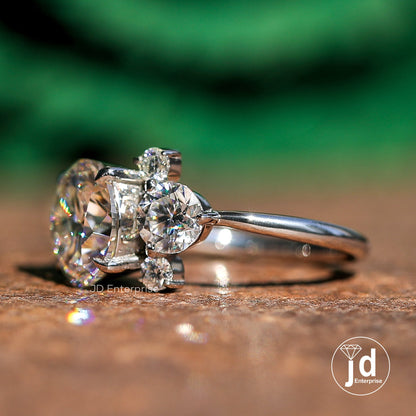 3.60 TCW Colorless Round Cut Moissanite Engagement Ring, Five Stone Wedding Ring, Art Deco Bridal Ring, Antique Basket Set Anniversary Ring