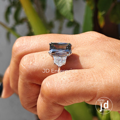 Three Stone Engagement Ring, Large 5.50 CT Criss Cut Grey Moissanite Wedding Ring, Cadillac Cut Cocktail Ring, Trilogy Ring, Bridal Ring