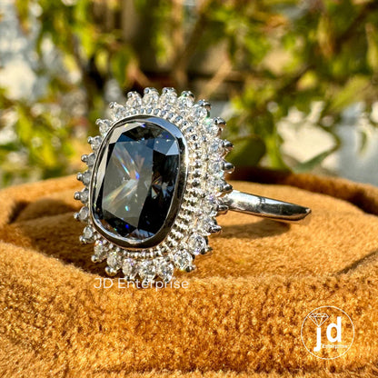 2.50 CT Cushion Cut Grey Moissanite Engagement Ring, Milgrain Bezel Set Ring, Halo Moissanite Wedding Ring, Bridal Ring, Anniversary Ring