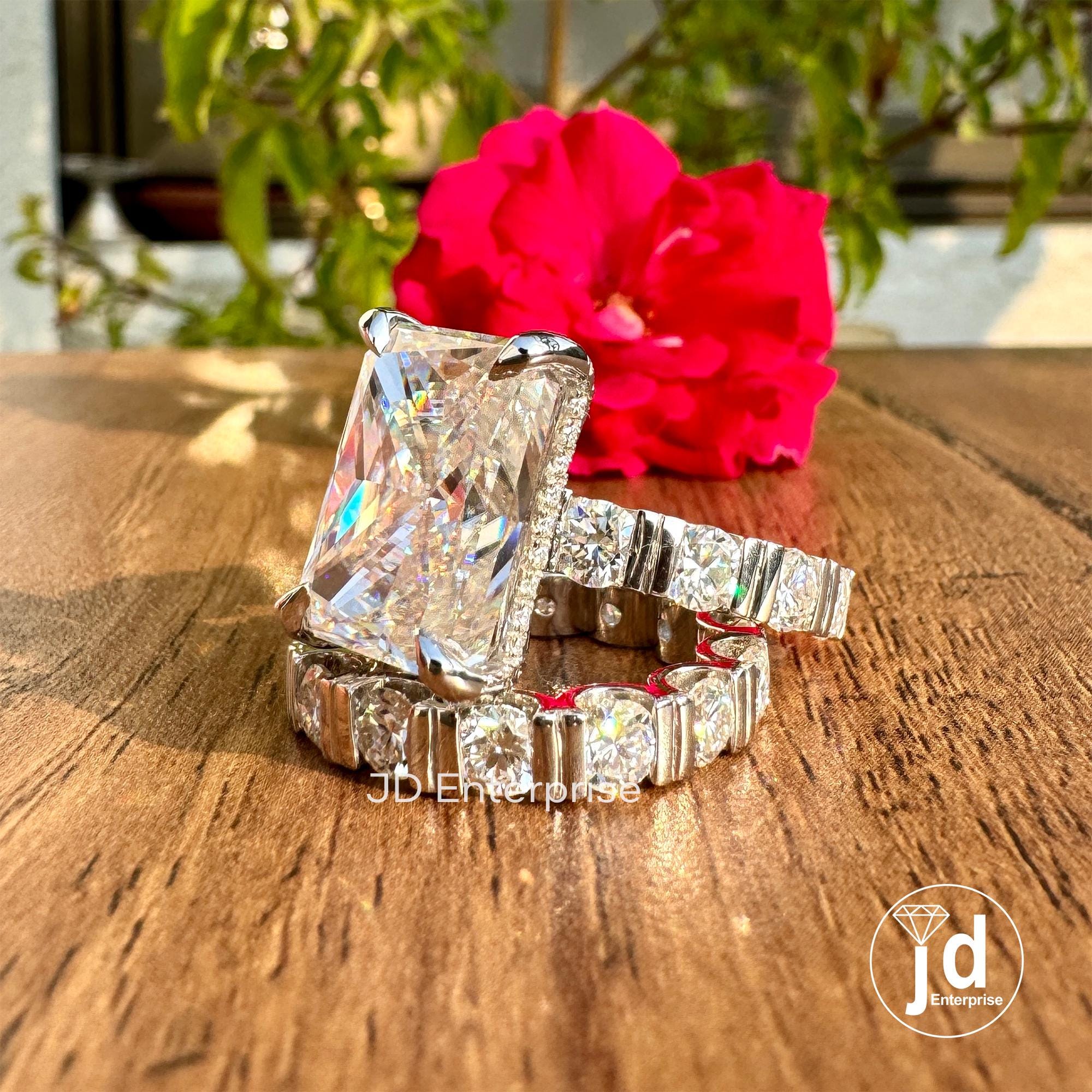 10.23 CT Large Radiant Cut Moissanite Engagement Ring, Celebrity Style Wedding Ring Set, Hidden Halo Bridal Ring Set, Bar Set Eternity Band