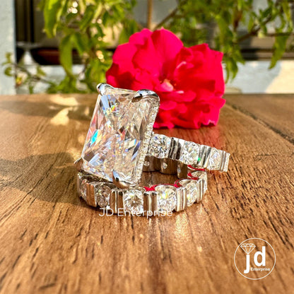 10.23 CT Large Radiant Cut Moissanite Engagement Ring, Celebrity Style Wedding Ring Set, Hidden Halo Bridal Ring Set, Bar Set Eternity Band