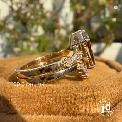 3.11 TCW Coffin Cut Brownish Champagne Moissanite Engagement Ring with Chevron Wedding Band, Art Deco Bridal Set, Milgrain Anniversary Ring