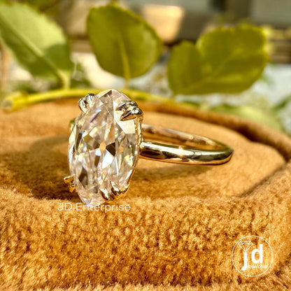 2.00 CT Moval Old Mine Cut Moissanite Ring, Vintage Engagement Ring, Solitaire Wedding Ring, Double Claw Prongs, Anniversary Ring for Women