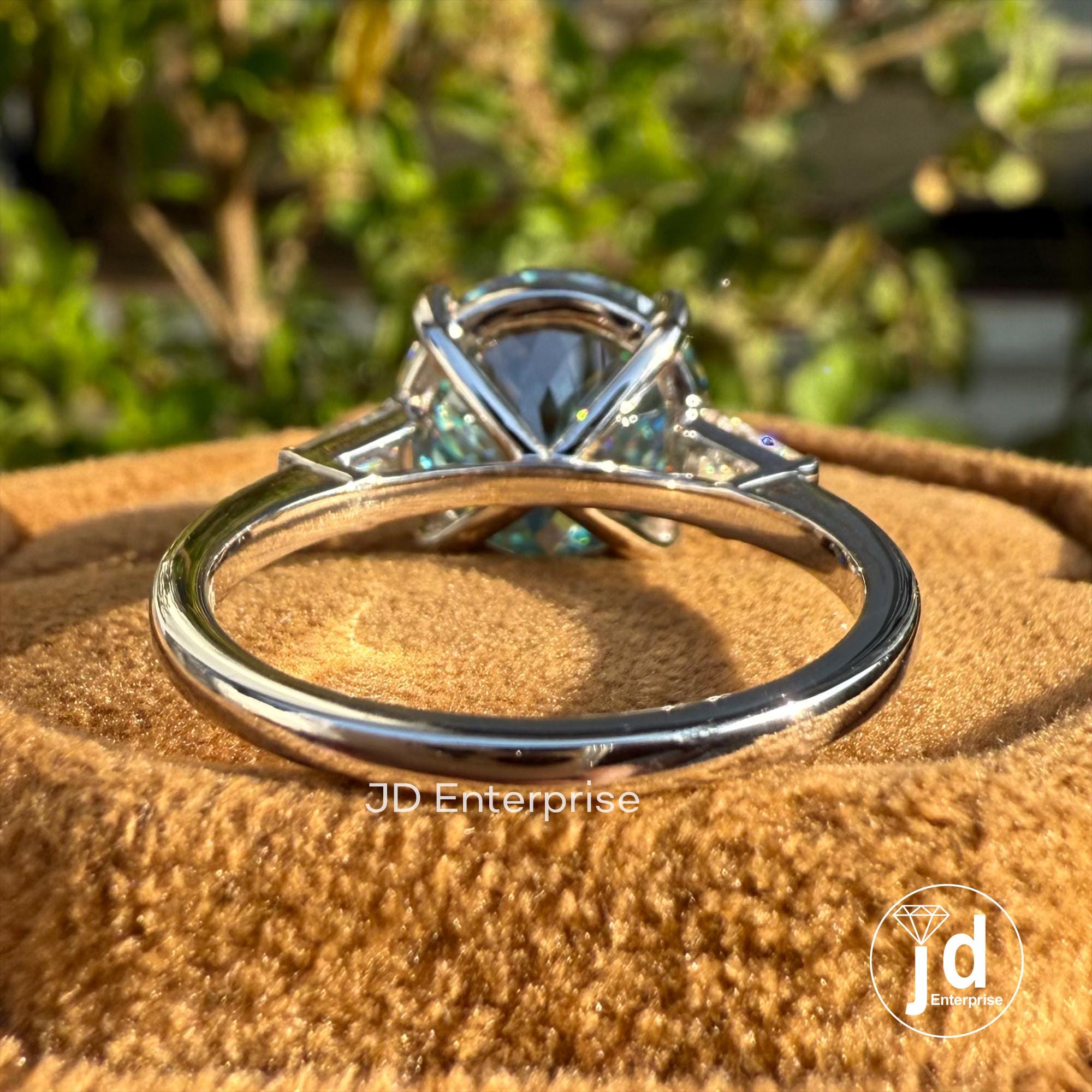 7.50 CT Portuguese Cyan Blue Moissanite Engagement Ring, Three Stone Wedding Ring, Side Tapered Baguette Moissanite, Anniversary Gifts
